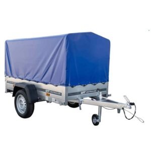 Remorque bagagère Garden Trailer 200 KIPP x 106 cm avec bâche haute bleue, arceau et roue jockey PTAC 500 kg