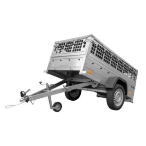Remorque grillagée 200x106 UNITRAILER avec bâche plate grise, tiges de support bâche, ridelles grillagées et roue jockey - Garden Trailer 200 KIPP