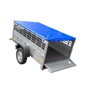 Remorque grillagée Garden Trailer 200 KIPP avec bâche plate grise, tiges de support bâche, ridelles grillagées et roue jockey