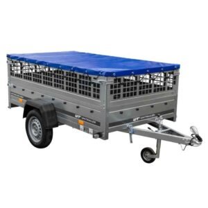 Remorque sans frein UNITRAILER 230x125 avec bâche plate bleue, ridelles grillagées et roue jockey - Garden Trailer 230 KIPP